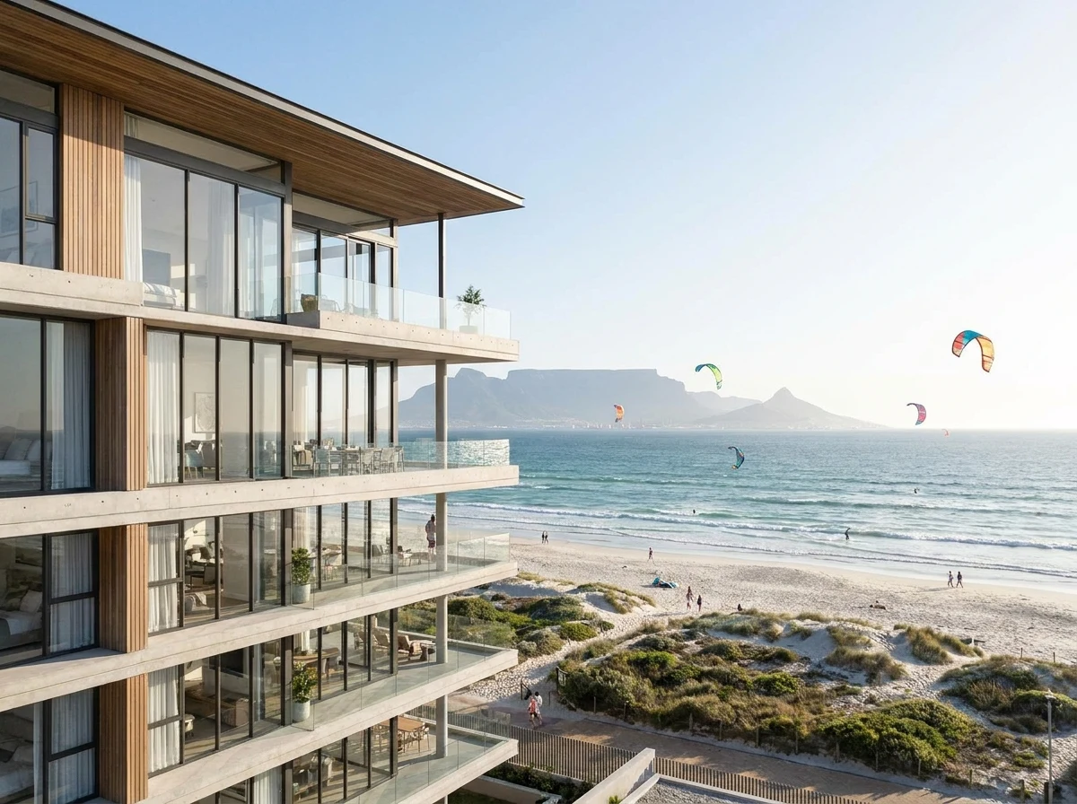 Modern beachfront apartment development at Big Bay, Cape Town, kitesurfers visible on the open water