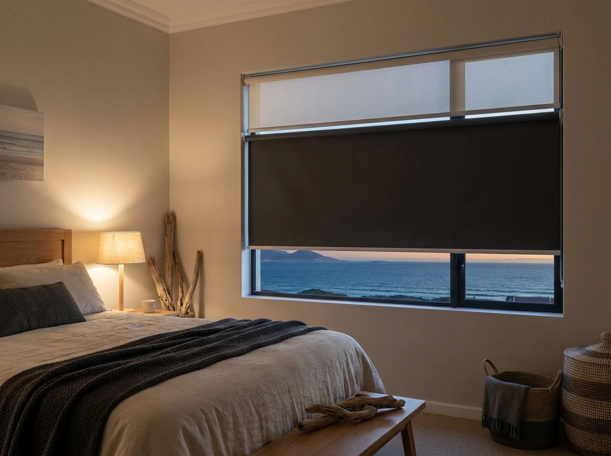 Blockout and sunscreen double roller blind fitted to a Bloubergstrand bedroom window at dusk, sea beyond