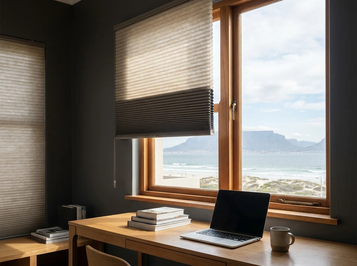 Cellular honeycomb blind with hexagonal pleated cells half-drawn in a Bloubergstrand study window