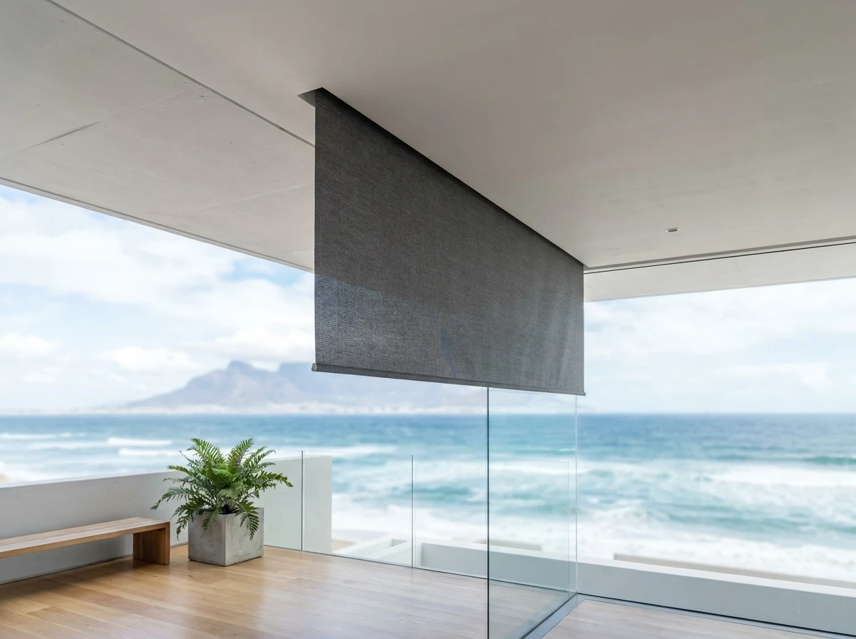 Roller blind dropped from a concealed ceiling recess in a minimalist Bloubergstrand house, ocean glimpse beyond