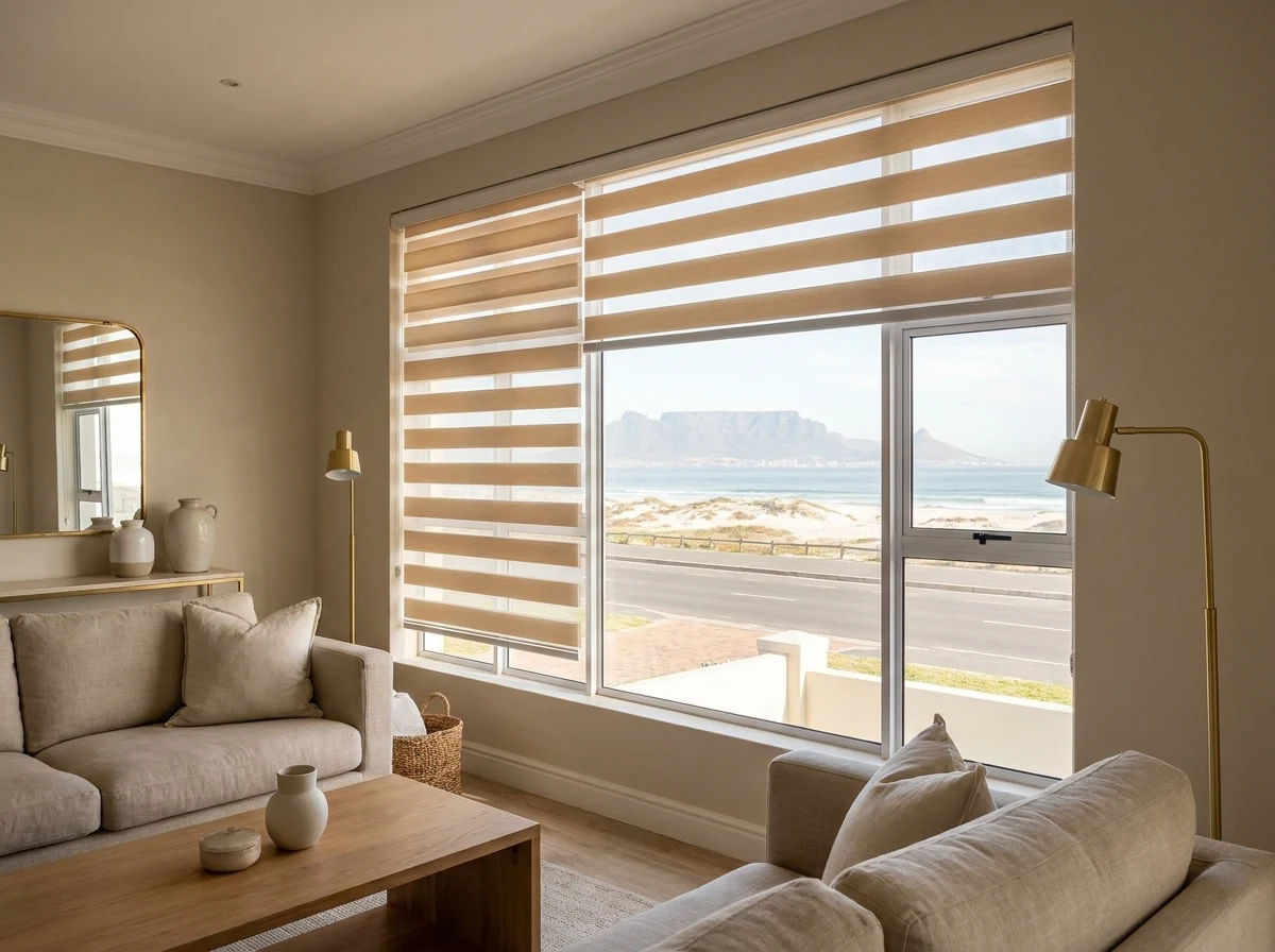 Day/night zebra blind with alternating sheer and solid bands in a Bloubergstrand lounge overlooking the beach road