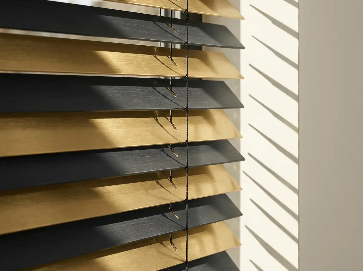 Close-up of black and brass aluminium venetian slats catching angled light