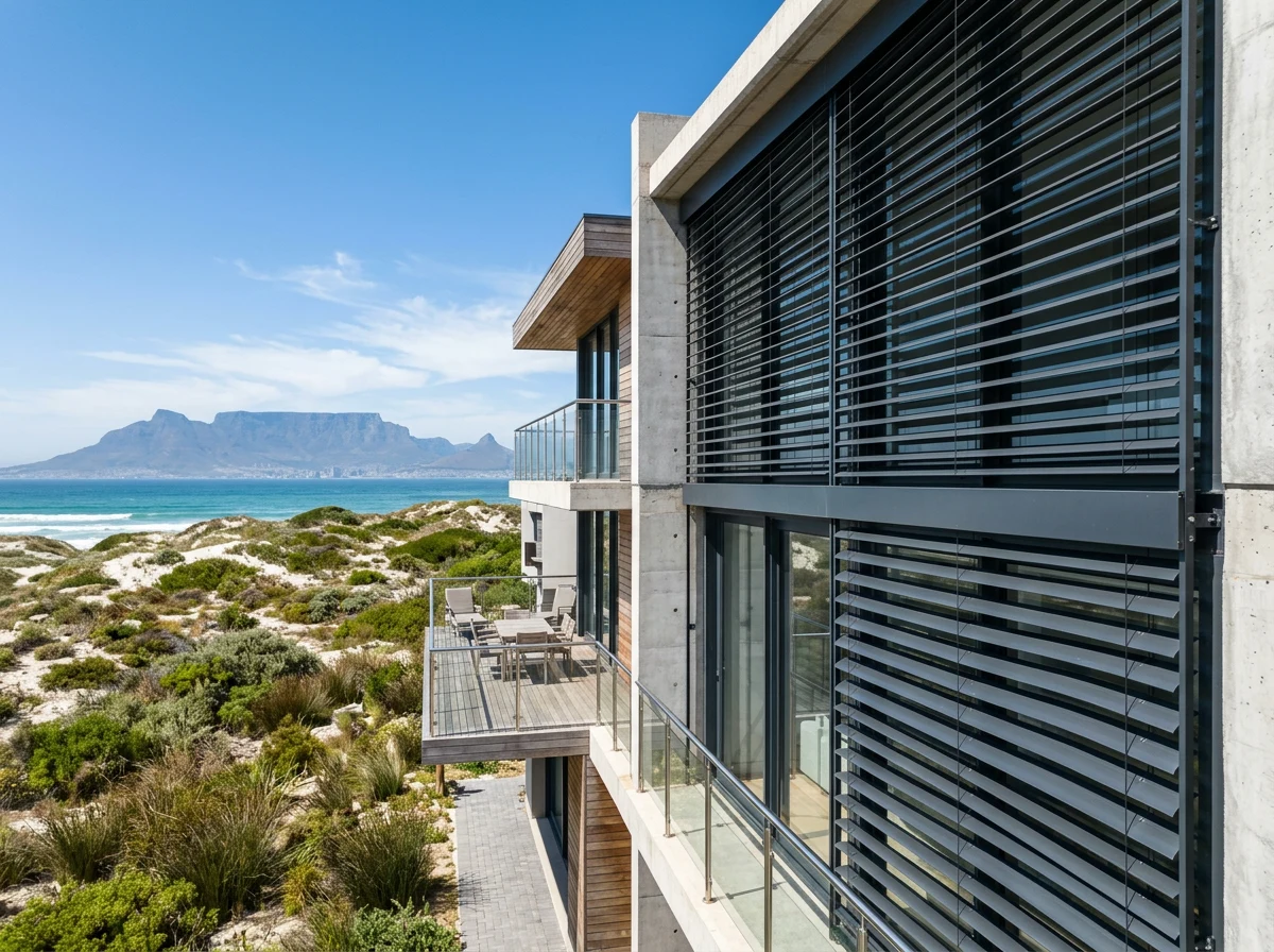 External aluminium venetian blinds shading a modern Bloubergstrand beach house facade above the dunes
