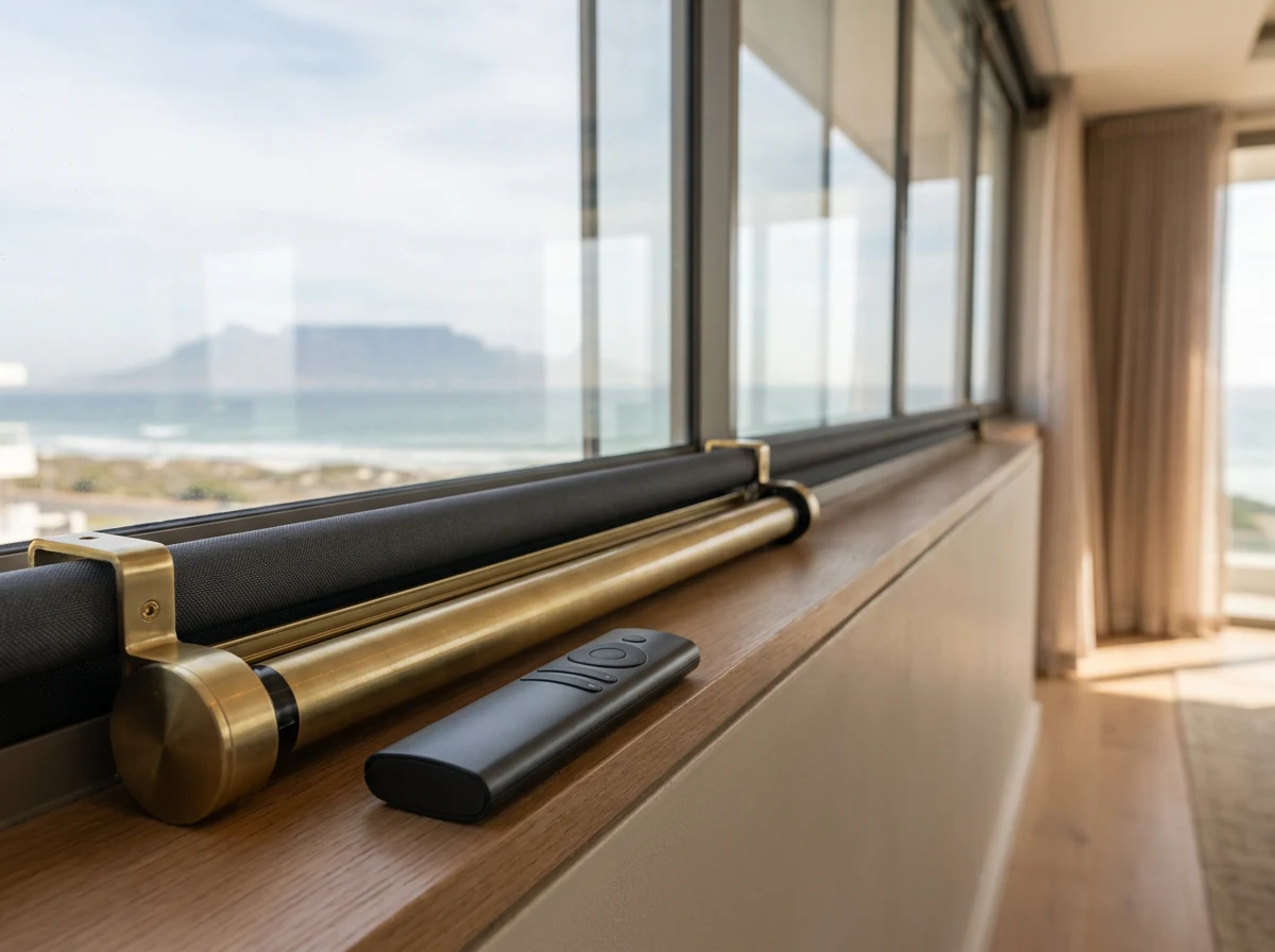 Motorised roller blind tube motor and remote on a windowsill in a Bloubergstrand lounge, Table Mountain in the distance