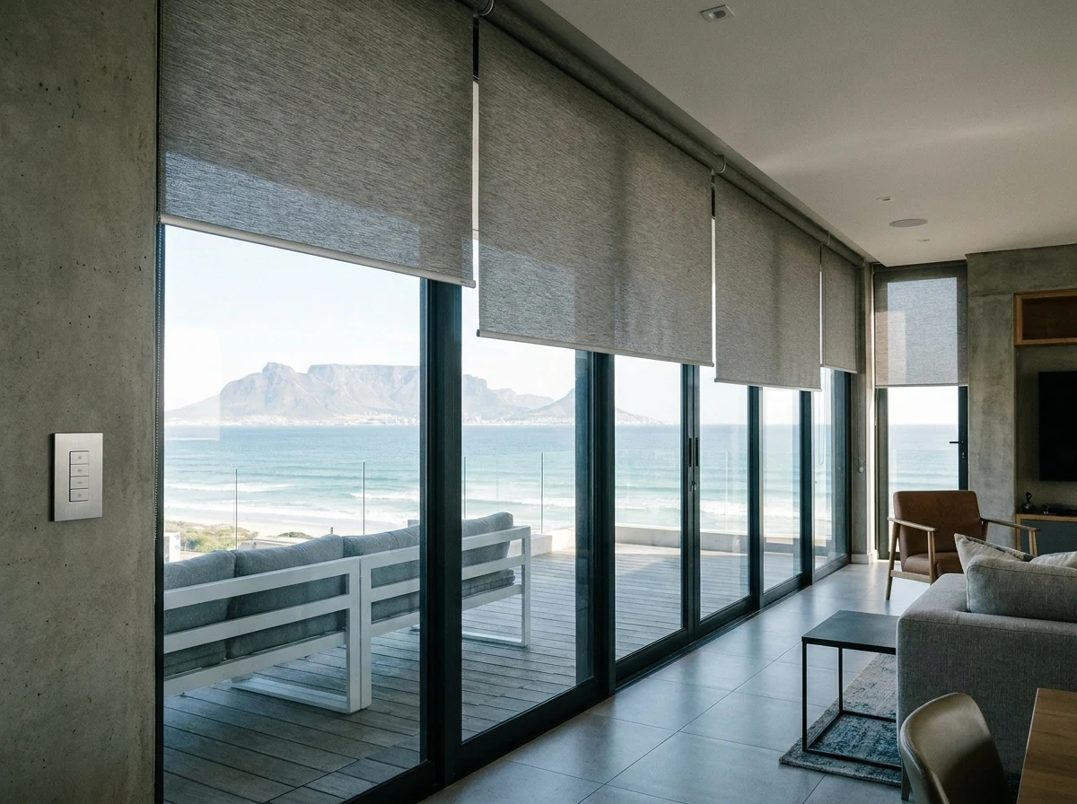 Motorised roller blinds and wall control switch in a glass-walled Bloubergstrand living area overlooking Table Bay