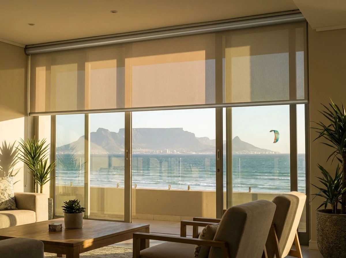 Sunscreen roller blind holding the Table Mountain view in a Bloubergstrand lounge, a kitesurfer visible on the bay
