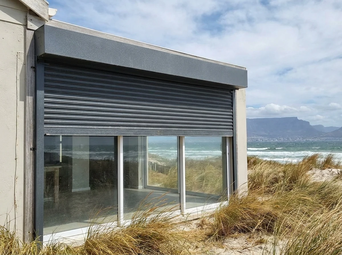 Aluminium roller shutter lowered over a patio door on a Bloubergstrand beach house, dune grass in the foreground — shading, not security