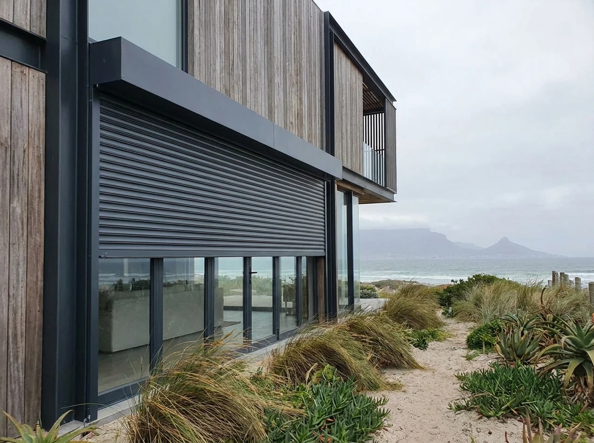 Aluminium roller shutter lowered over glass doors on a contemporary Bloubergstrand beach house facade