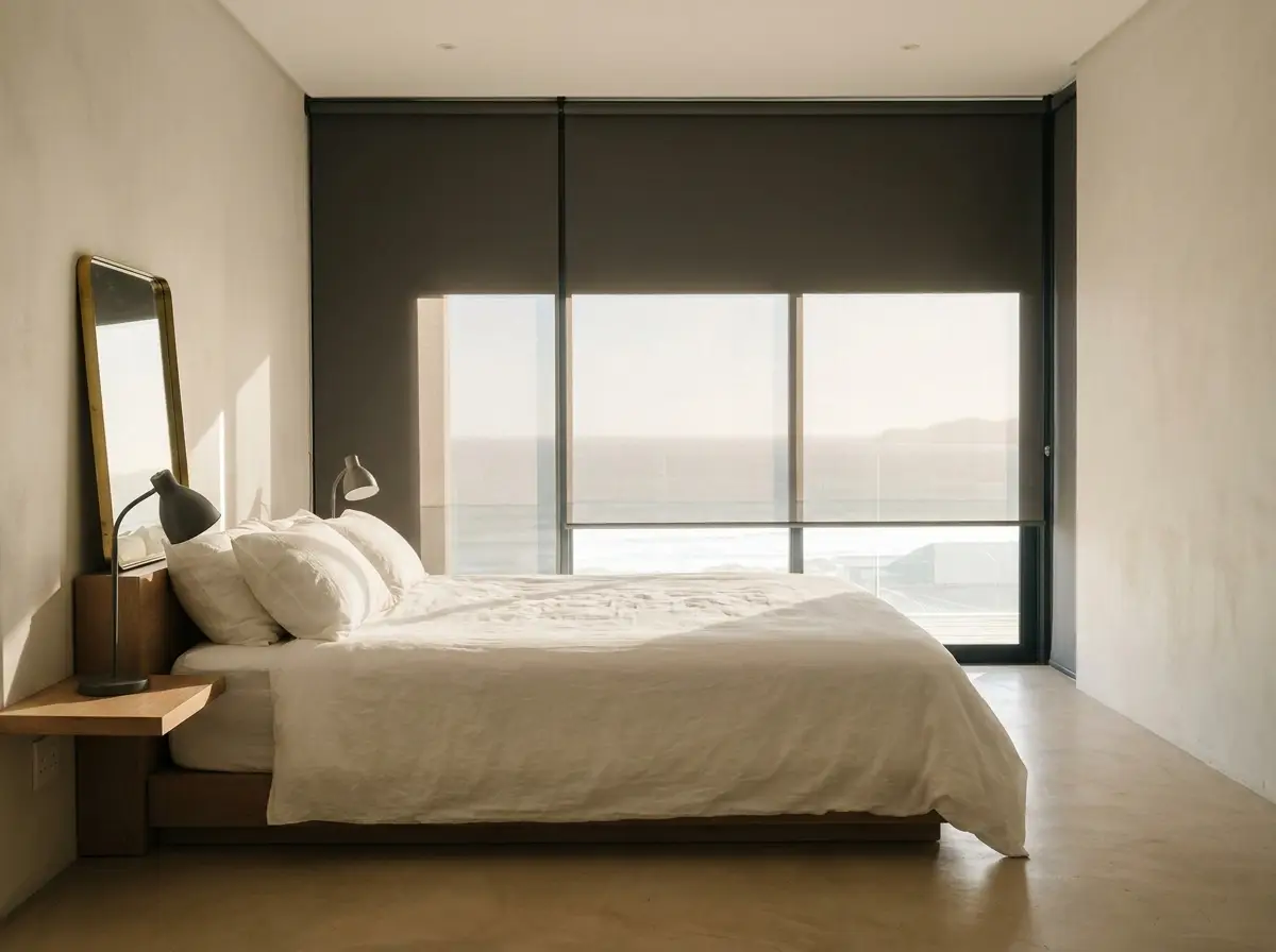 Blockout roller blind lowered over a bedroom window in a Bloubergstrand apartment, softening the ocean view at sunset