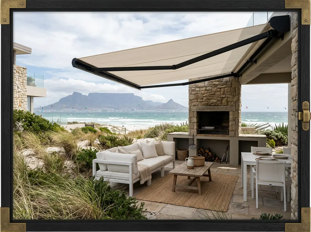 Motorised fold-arm awning extended over a stone-paved patio with built-in braai, dune vegetation, and Table Mountain across the bay
