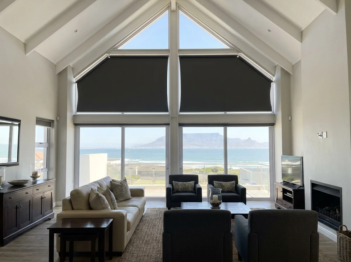 Two shaped skylight roller blinds fitted to angled gable glazing in a double-volume Bloubergstrand living room