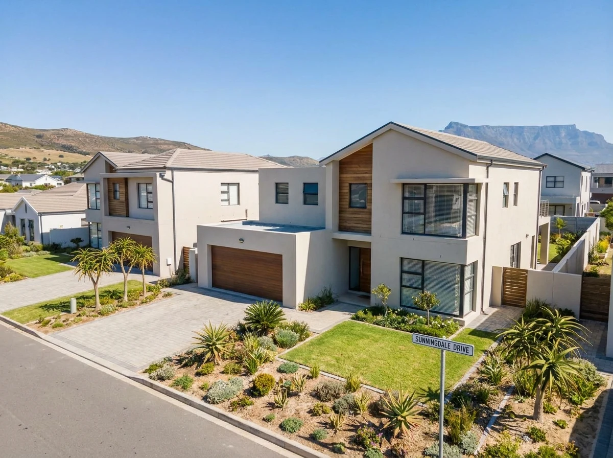 Newer suburban street in Sunningdale near Table View, Cape Town, with contemporary double-storey family homes
