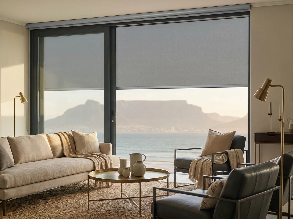 Sunscreen roller blind lowered halfway across a glass-fronted Bloubergstrand lounge, holding the Table Mountain view