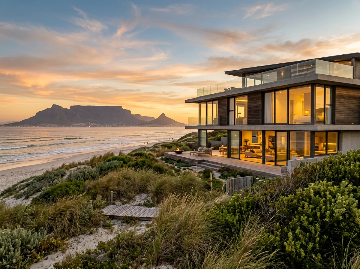 Contemporary beachfront house at Sunset Beach, Cape Town, at golden dusk light