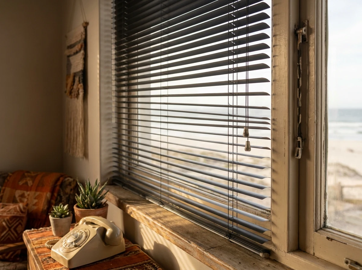 Aluminium venetian blind with slats tilted open in a 1970s Bloubergstrand beach cottage bedroom window