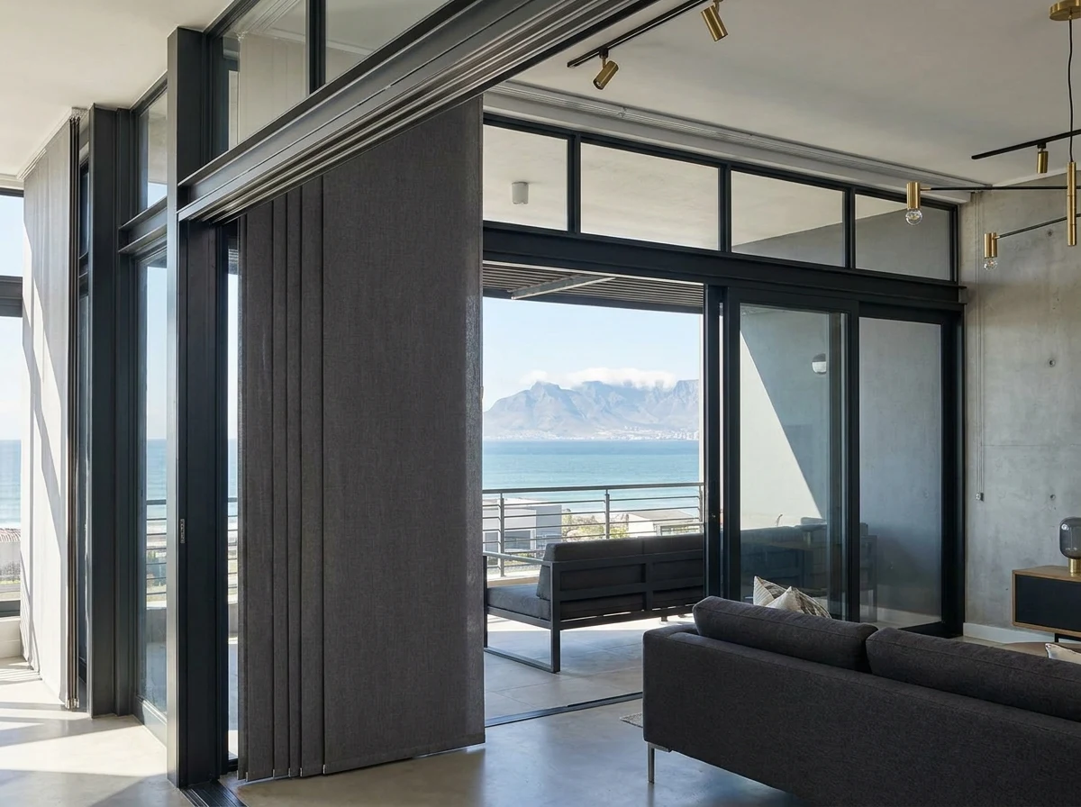 Panel blinds drawn across a wide sliding glass door in a contemporary Bloubergstrand living room, Table Mountain beyond