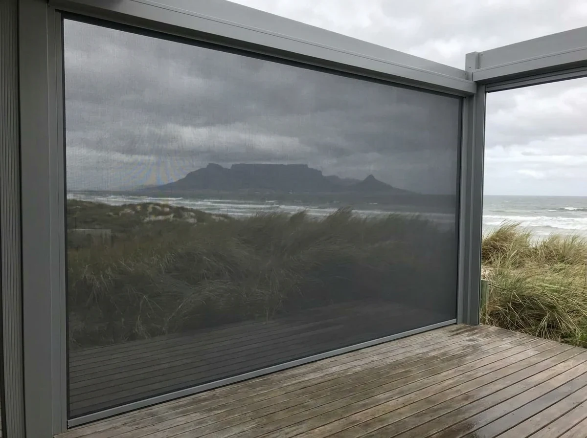 Zip screen enclosing a braai patio in Bloubergstrand, dune vegetation and Table Mountain beyond the taut mesh