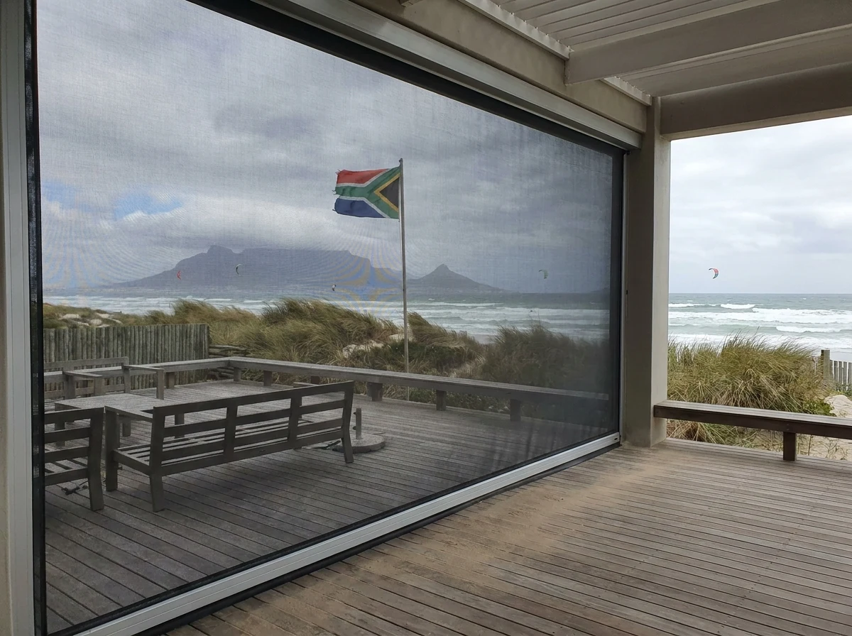 Wind-rated zip screen enclosing a deck overlooking Big Bay, dune grass bent in the wind